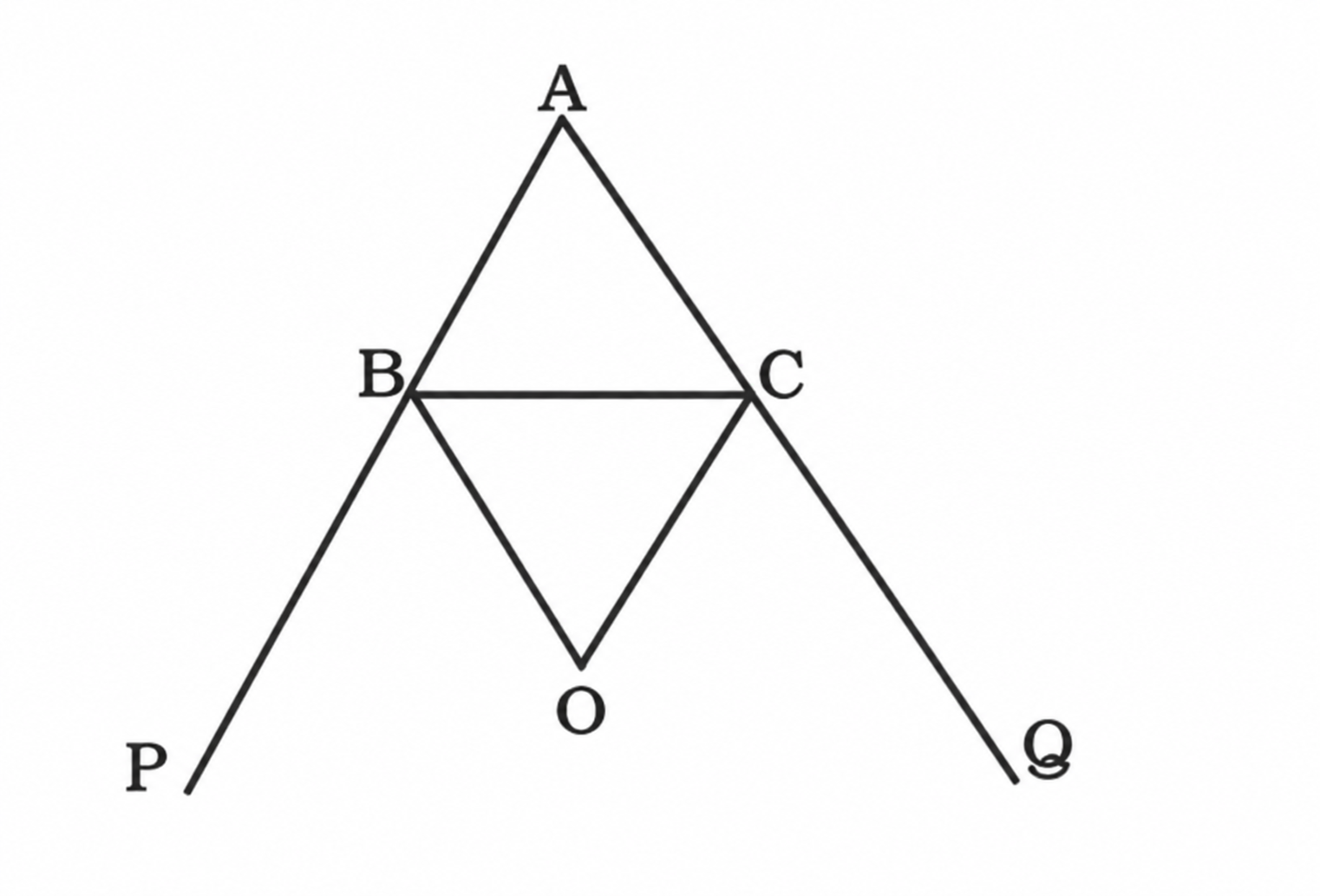 In the following figure, sides AB and AC of ΔABC are produced to P and Q respectively. The bisectors of ∠PBC and ∠QCB intersect at O. Then ∠BOC is equal to? - question image