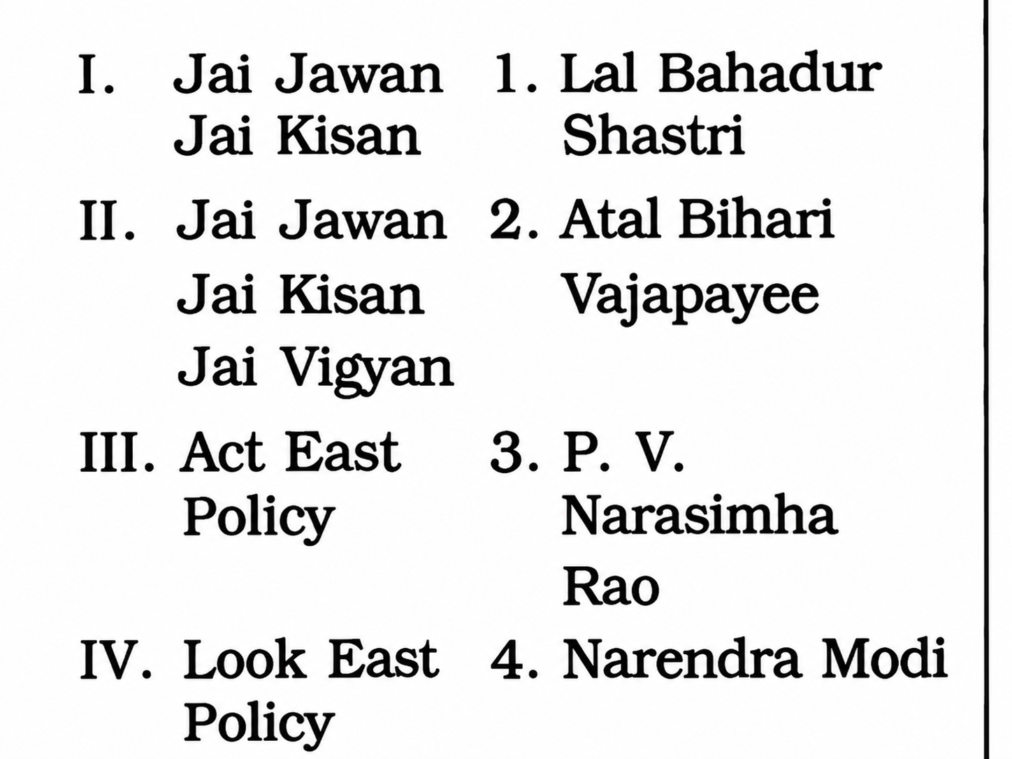 Match the following: I. “Jai Jawan, Jai Kisan”, II. “Jai Jawan, Jai Kisan, Jai Vigyan”, III. Act East Policy, IV. Look East Policy — 1. Lal Bahadur Shastri, 2. Atal Bihari Vajpayee, 3. P. V. Narasimha Rao, 4. Narendra Modi. - question image